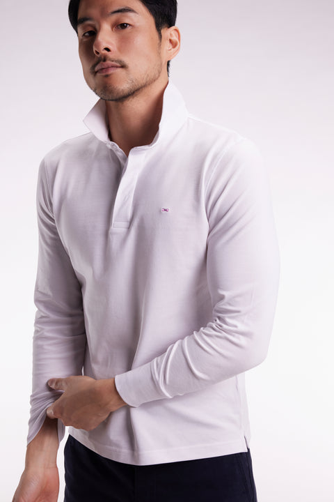 Polo à manches longues en coton stretch blanc coupe slim - Image 3