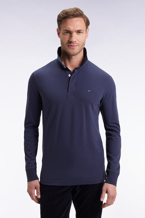 Polo à manches longues en coton stretch gris coupe slim - Image 1