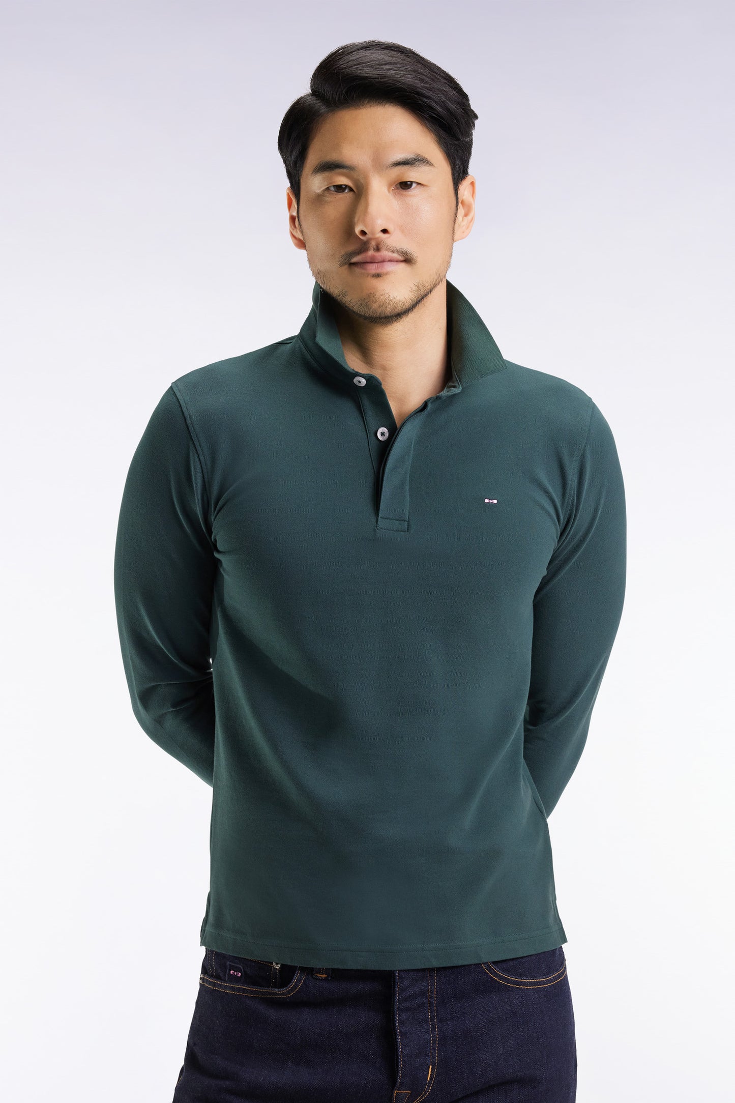 Polo à manches longues en coton stretch vert bouteille coupe slim