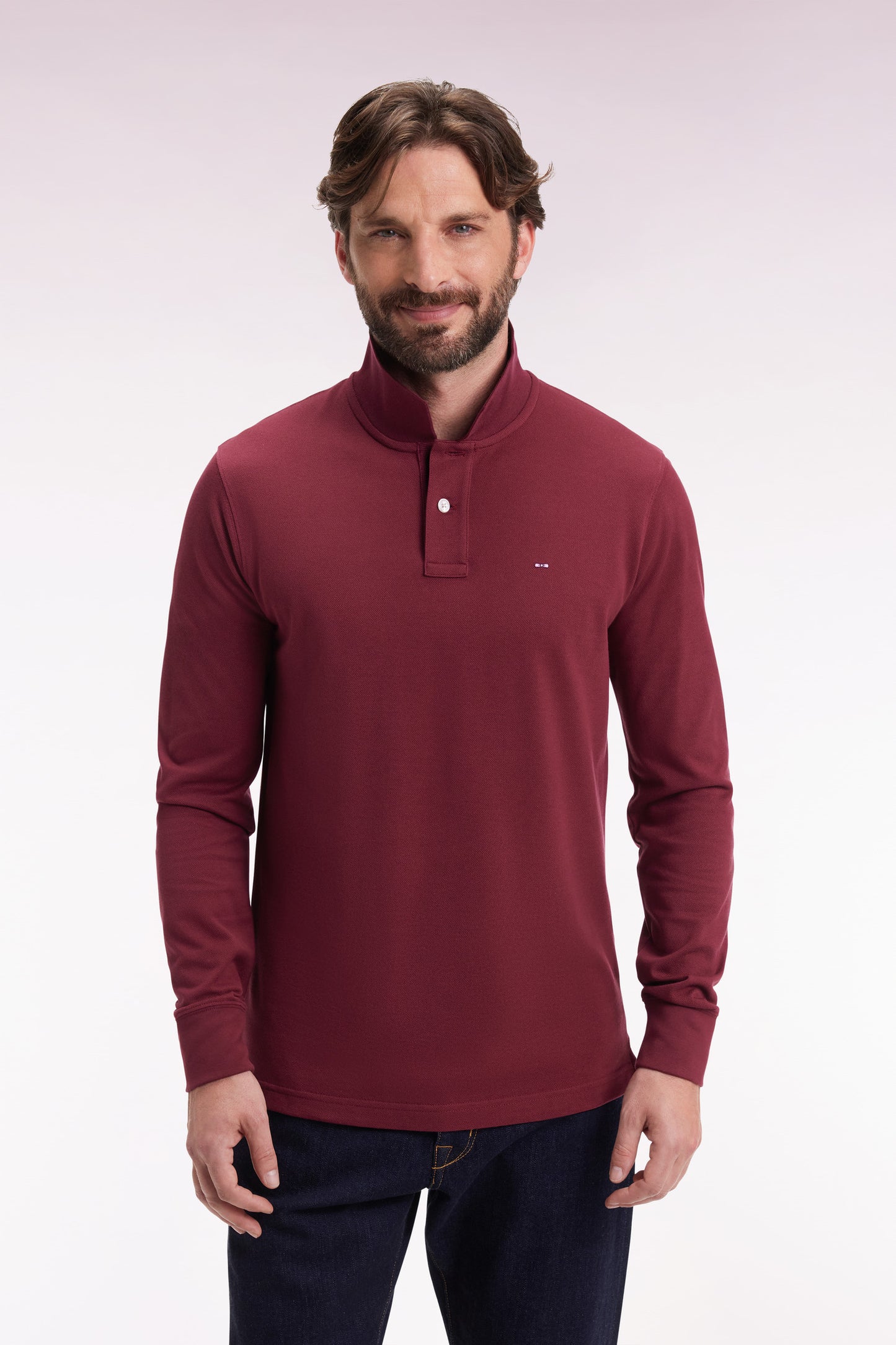 Polo à manches longues en coton Pima bordeaux coupe droite