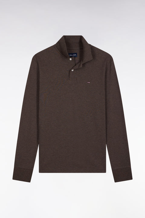 Polo à manches longues en coton chiné marron coupe droite - Image 2