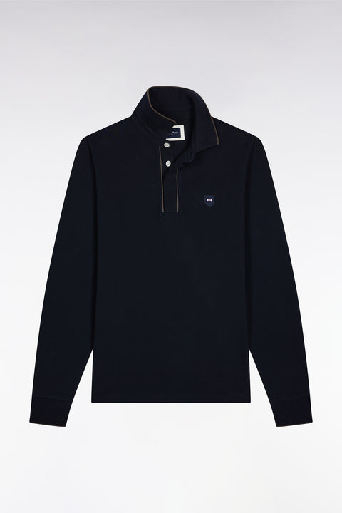 Polo à manches longues en coton stretch marine passepoilé coupe slim - Image 2