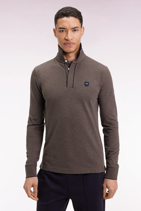 Polo à manches longues en coton stretch marron passepoilé coupe slim - Image 1