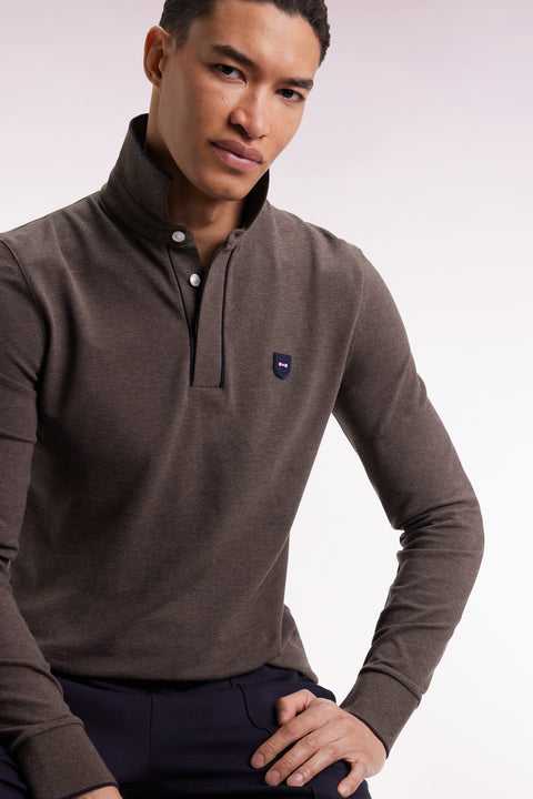 Polo à manches longues en coton stretch marron passepoilé coupe slim - Image 3