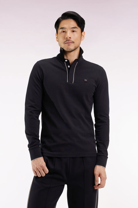 Polo à manches longues en coton stretch noir passepoilé coupe slim - Image 1