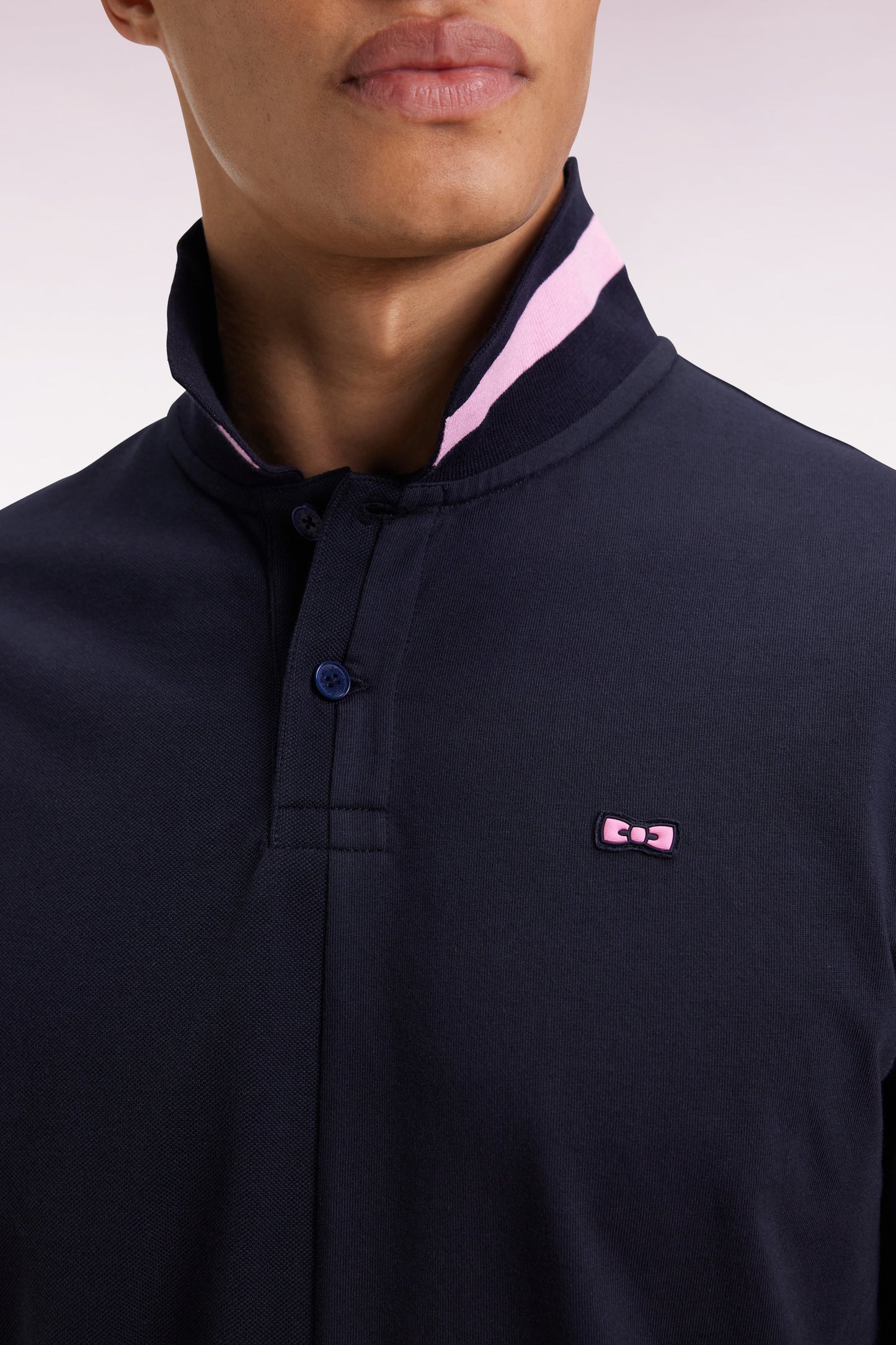 Long-sleeved polo shirt in navy cotton piqué with pink piping Relaxed fit