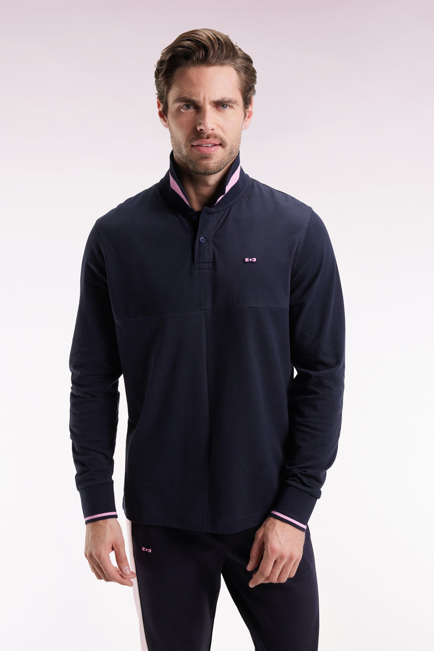 Long-sleeved polo shirt in navy cut and sewn Relaxed cut