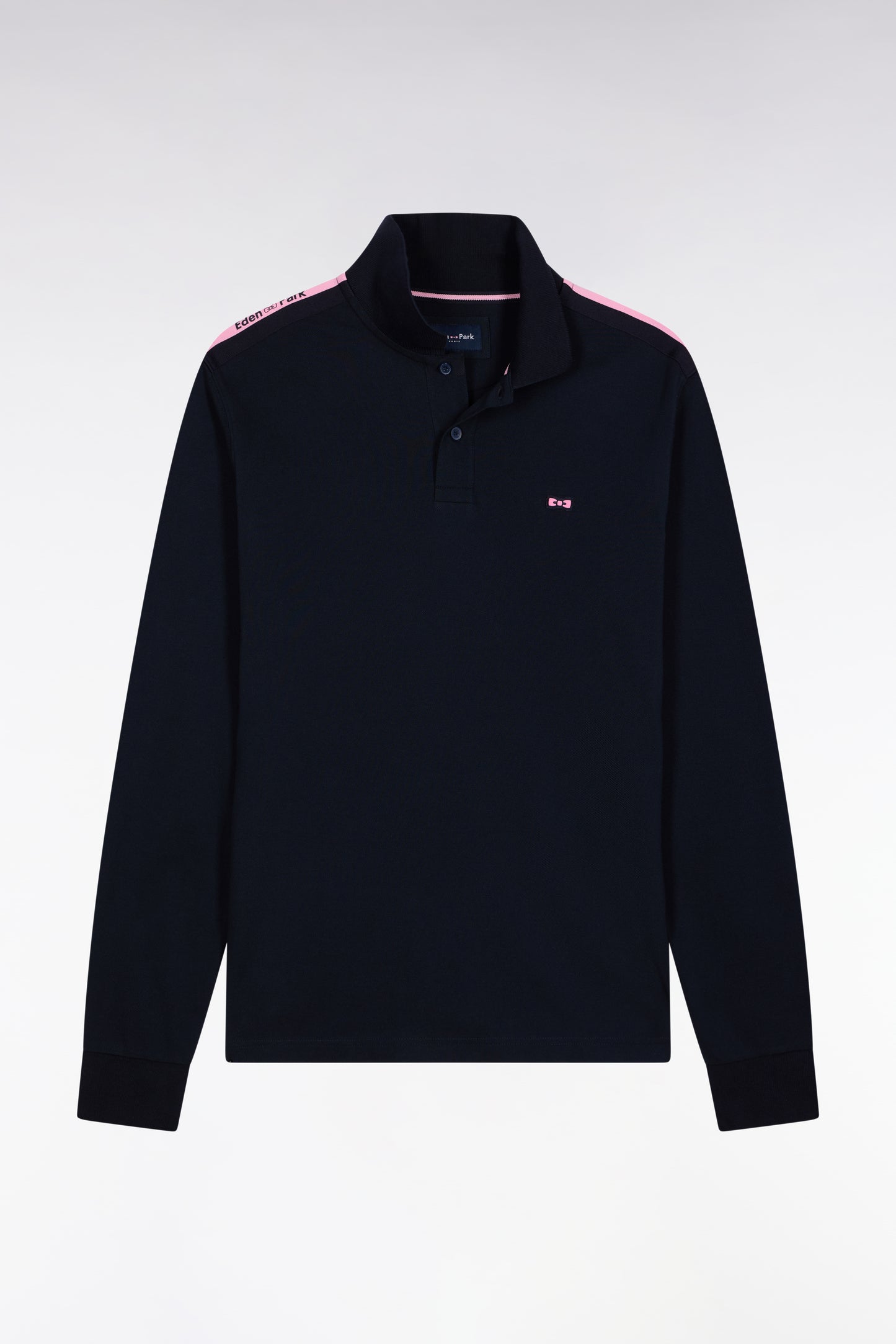 Long-sleeved polo shirt in navy cotton piqué with pink ribbon logo