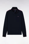 Long-sleeved polo shirt in navy cotton piqué with pink ribbon logo