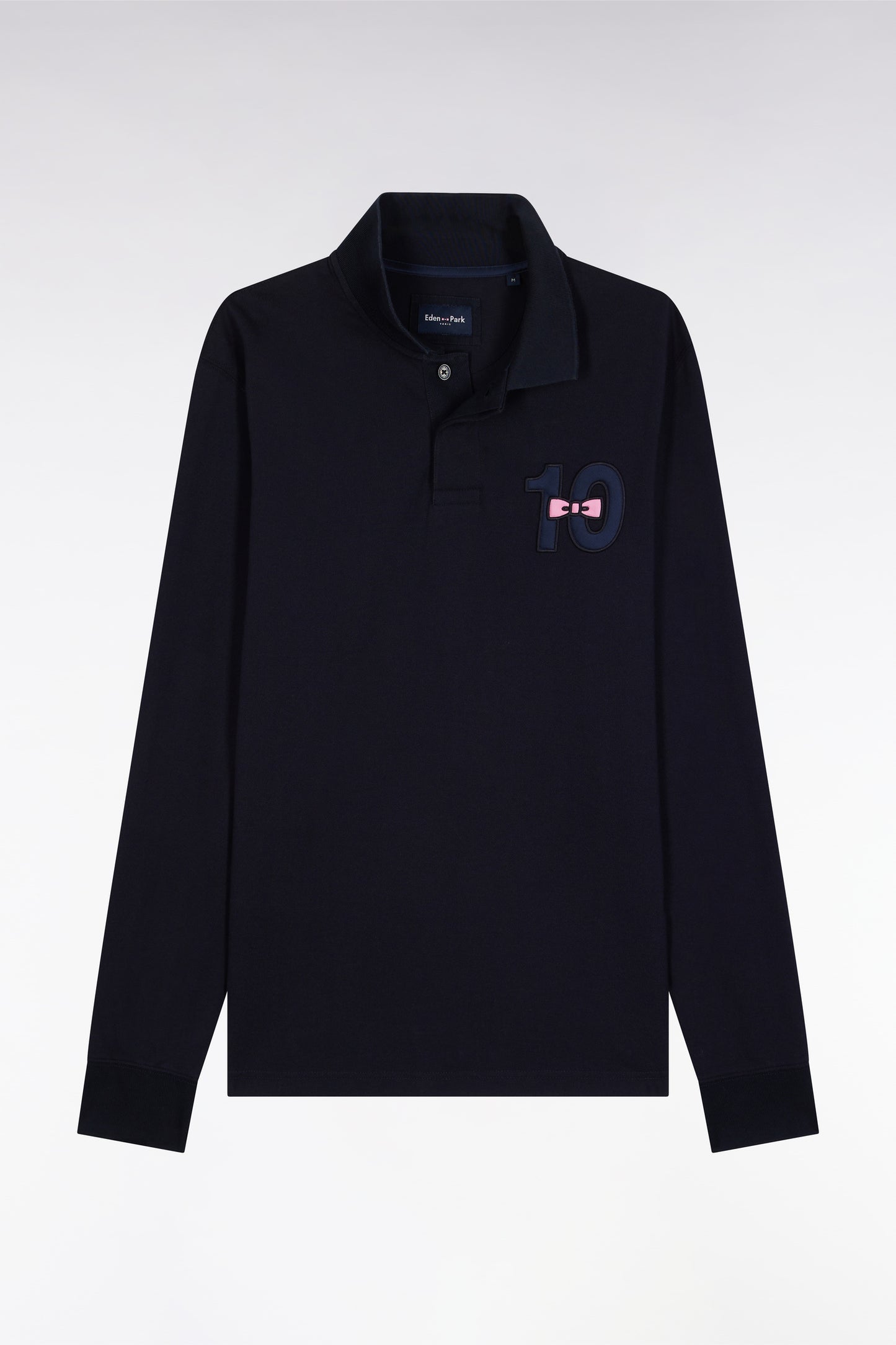 Navy cotton piqué long-sleeve polo with 10" embroidery