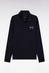 Navy cotton piqué long-sleeve polo with 10" embroidery