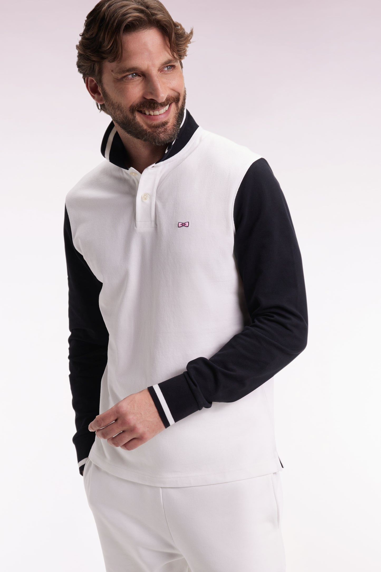 Polo à manches longues en piqué coton bicolore blanc broderie 10