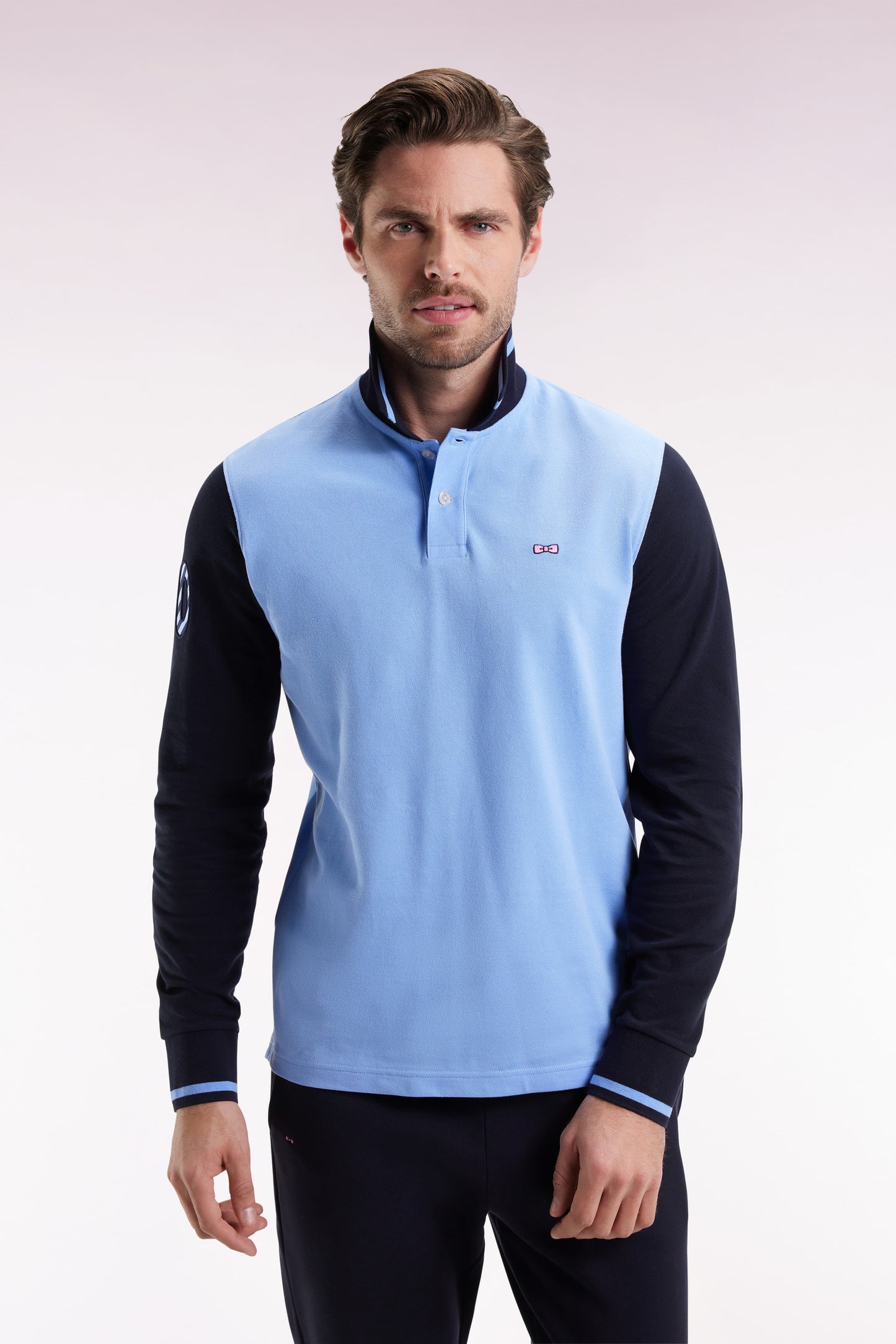 Polo à manches longues en piqué coton bicolore ciel broderie 10