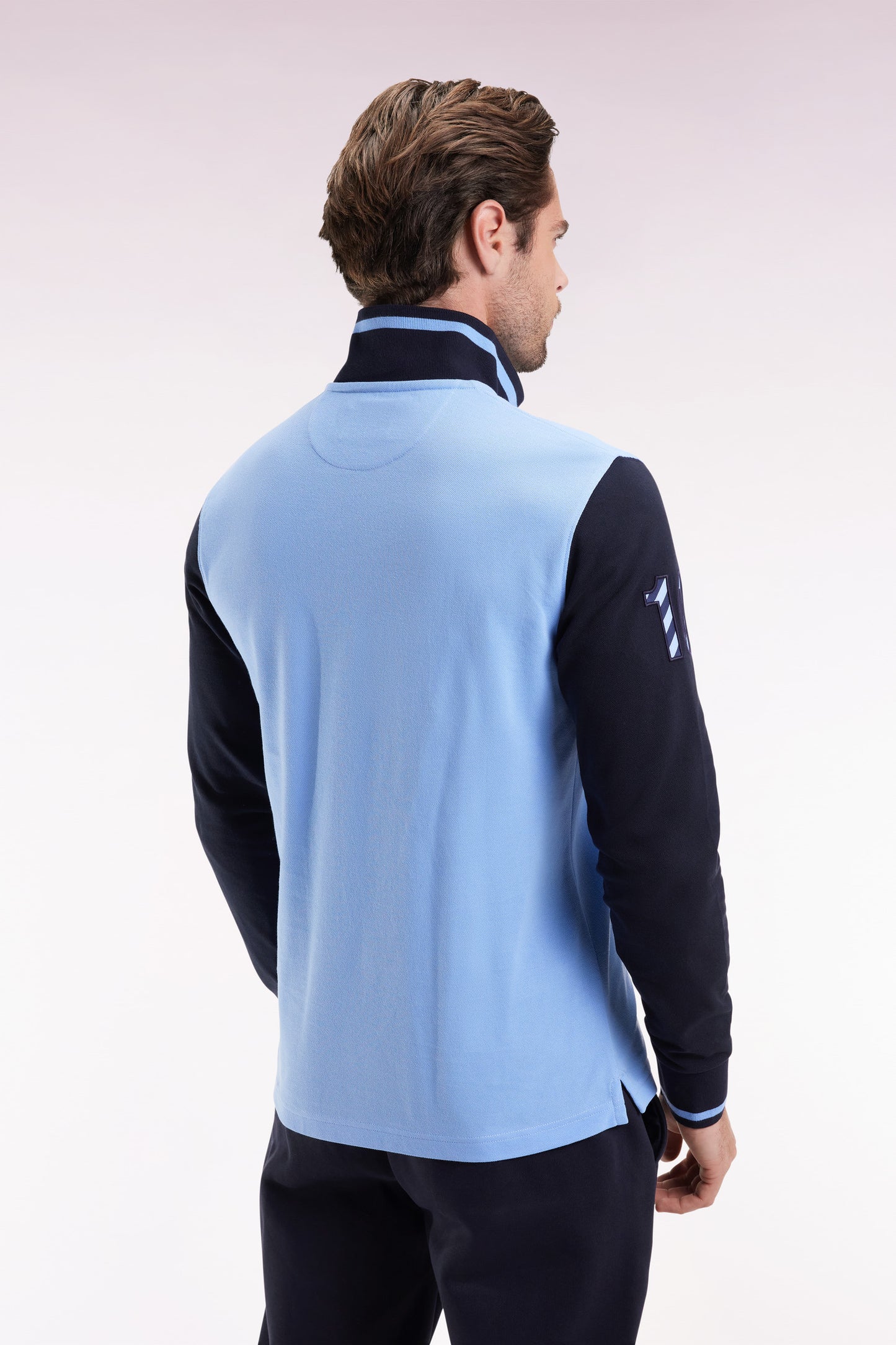 Polo à manches longues en piqué coton bicolore ciel broderie 10