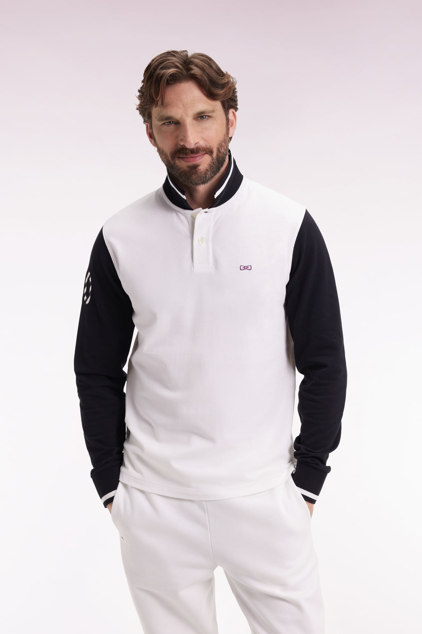 Polo à manches longues en piqué coton bicolore blanc broderie 10