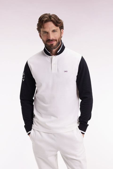 Polo à manches longues en piqué coton bicolore blanc broderie 10 - Image 3