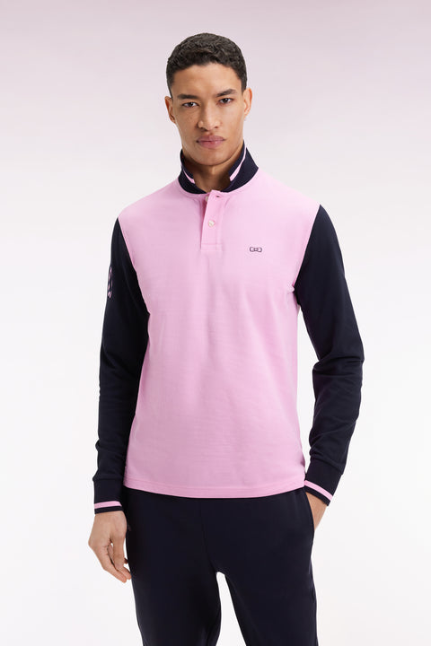 Polo à manches longues en piqué coton bicolore rose broderie 10 - Image 1