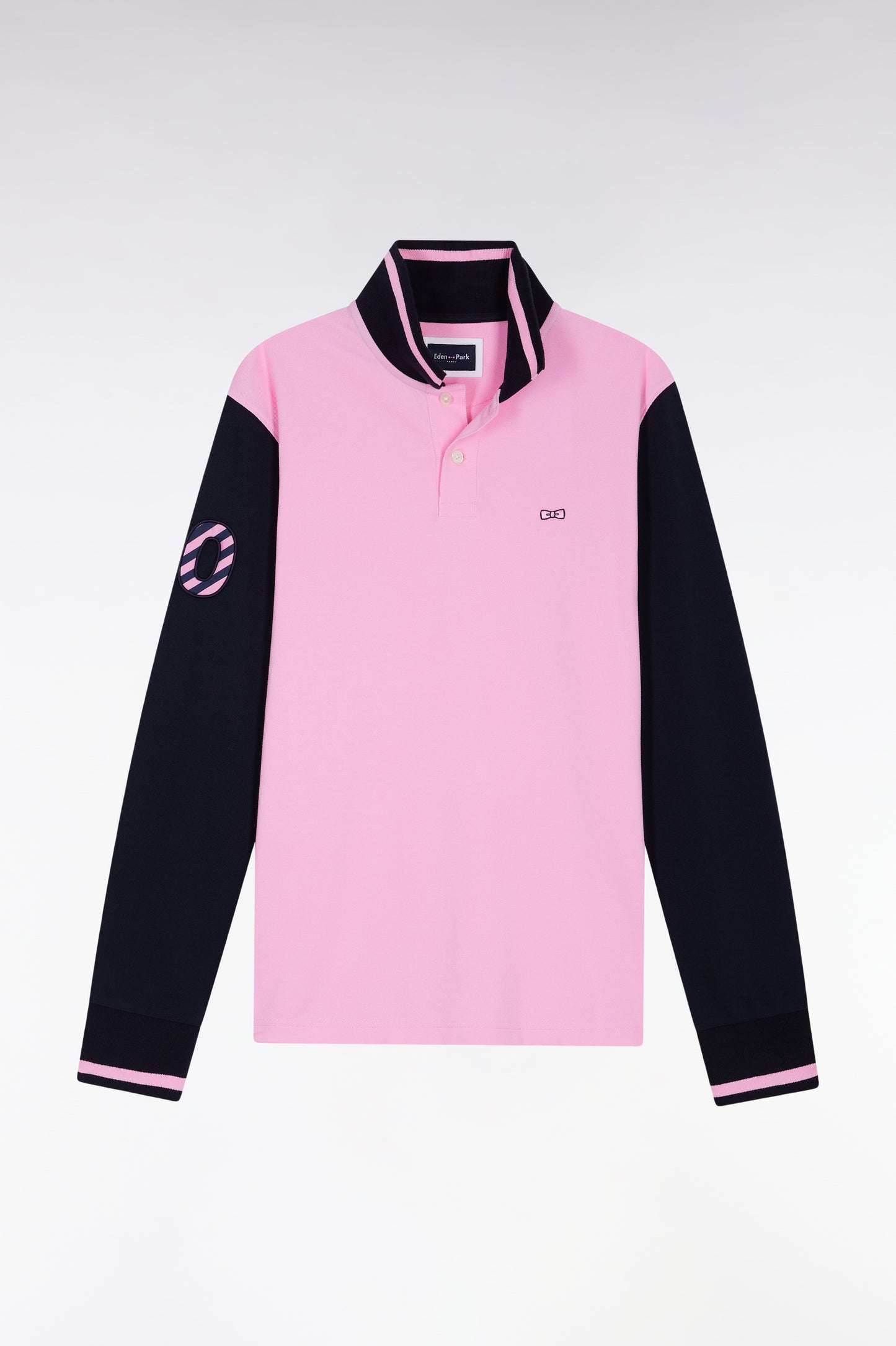 Polo à manches longues en piqué coton bicolore rose broderie 10