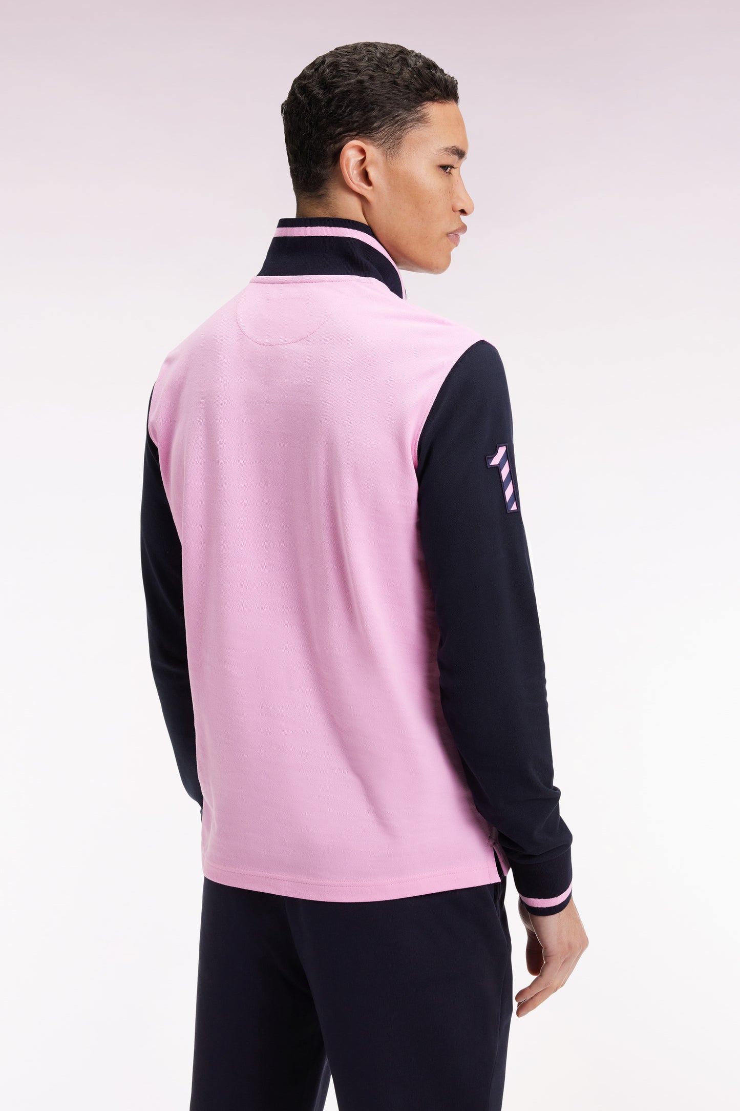 Polo à manches longues en piqué coton bicolore rose broderie 10