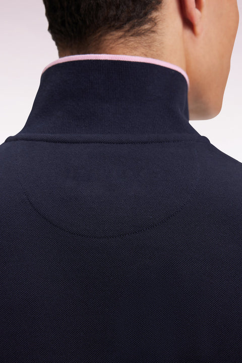 Long-sleeved polo shirt in pink stripe navy cotton piqué - Image 2