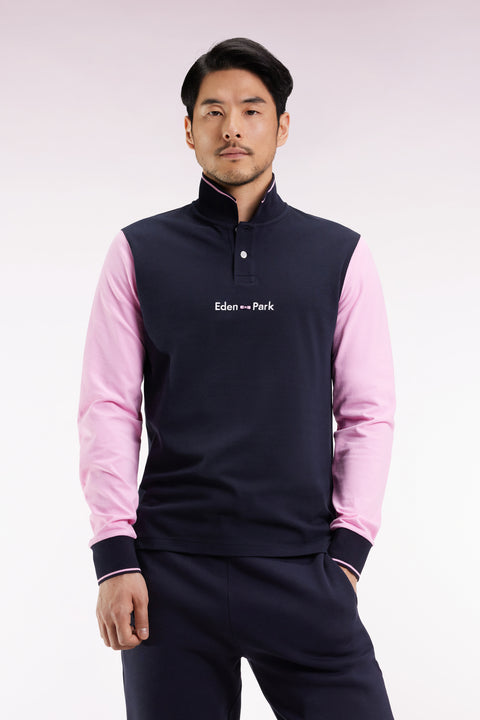 Polo à manches longues en piqué coton bicolore rose logo Eden Park - Image 1