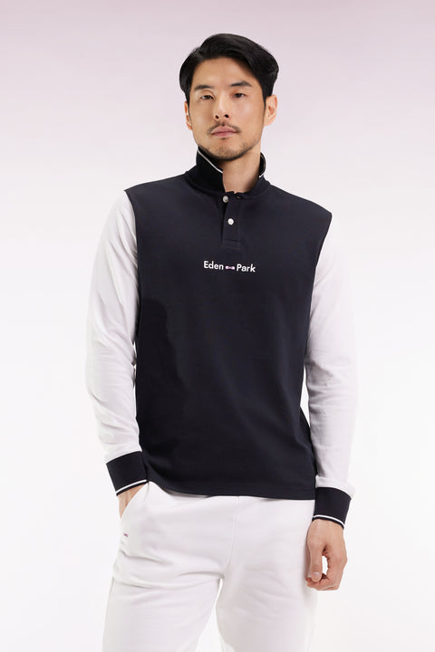Polo à manches longues en piqué coton bicolore blanc logo Eden Park - Image 1