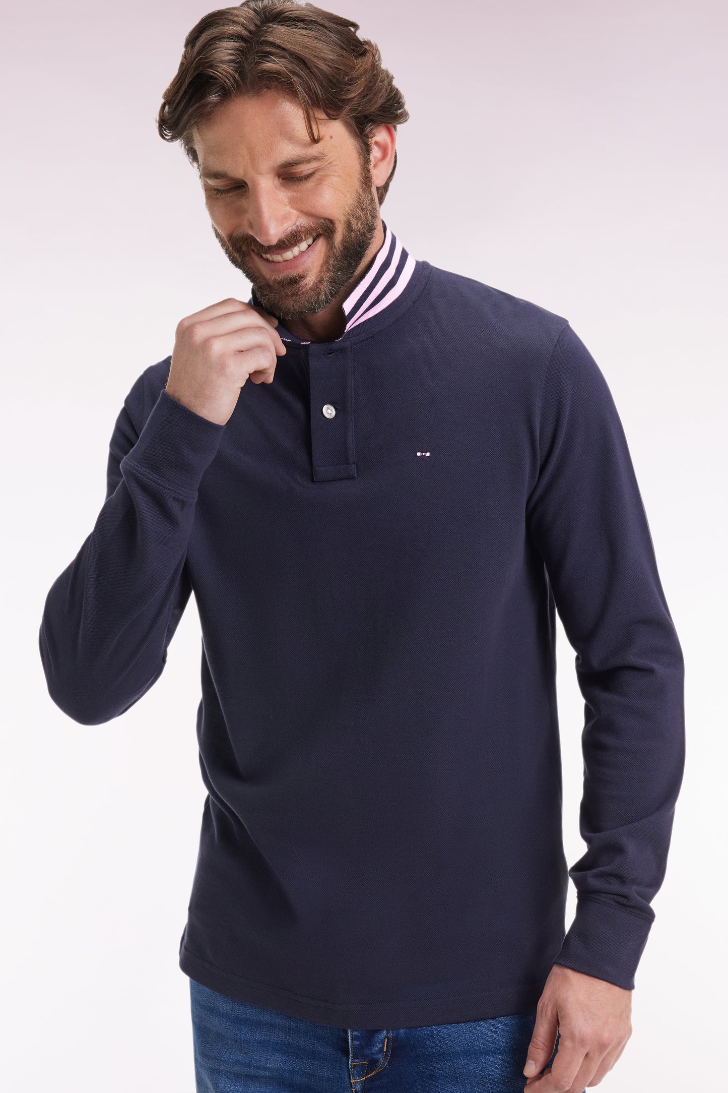 Polo à manches longues en piqué coton marine dessous de col rayé