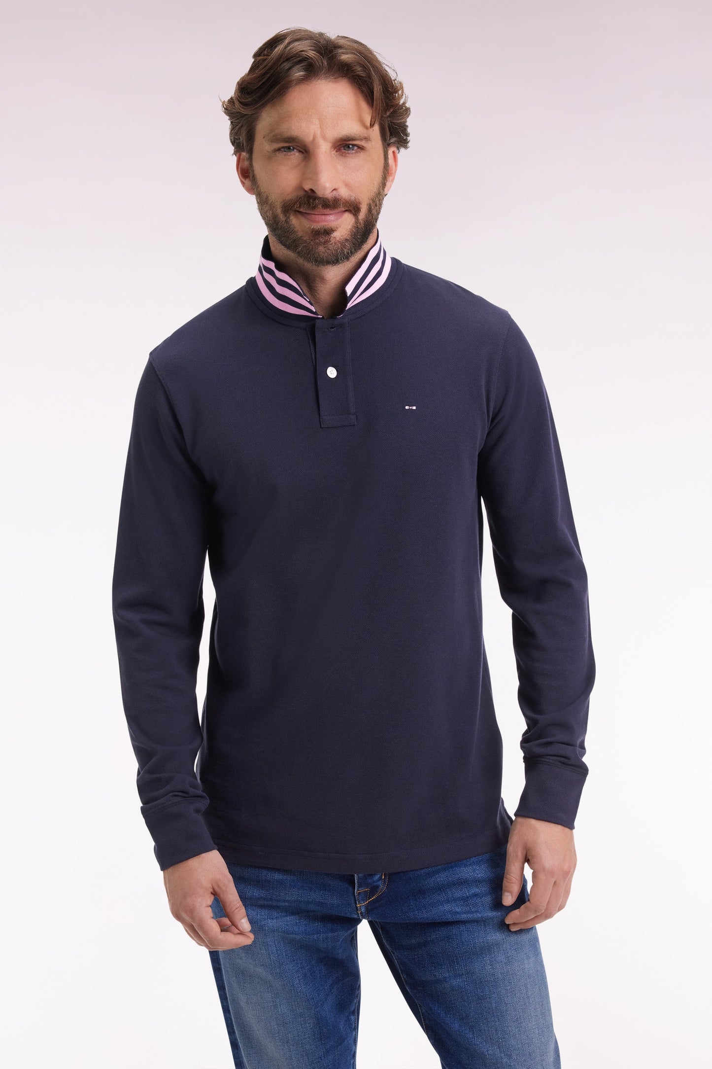 Polo à manches longues en piqué coton marine dessous de col rayé