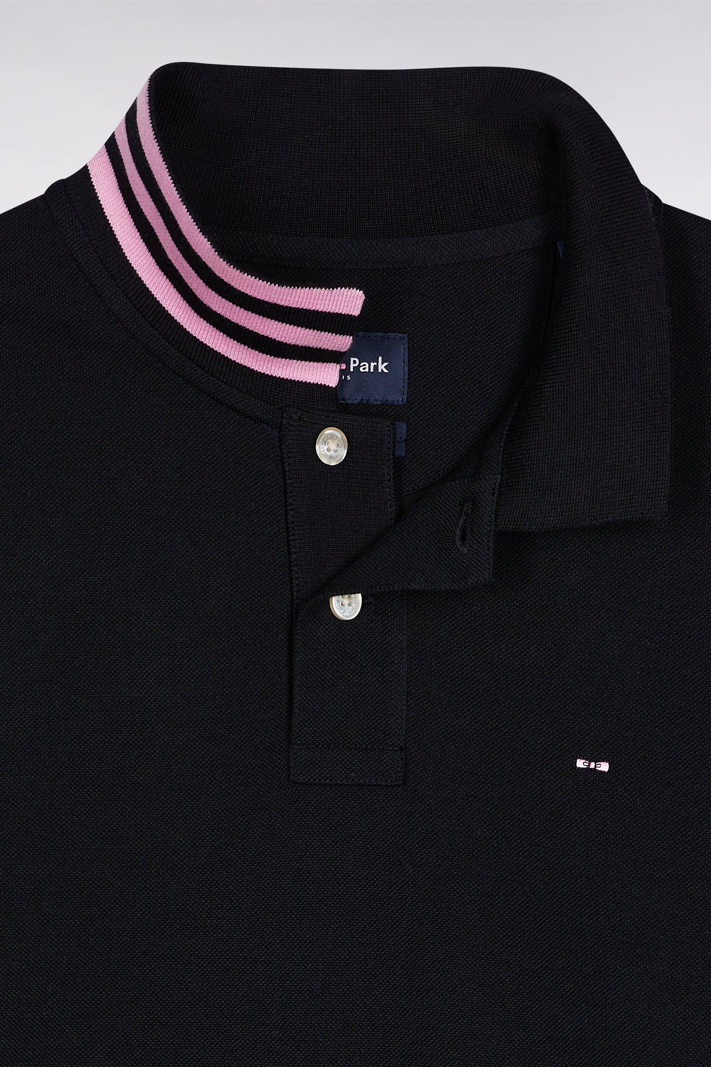Polo à manches longues en piqué coton noir dessous de col rayé