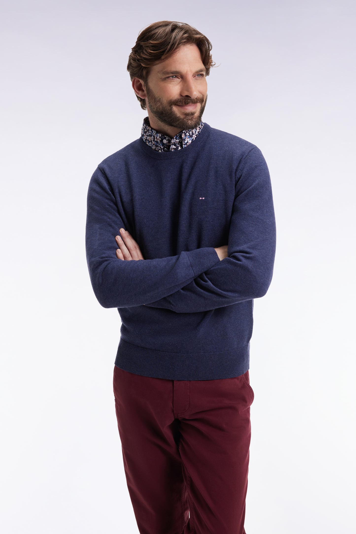 Pull col rond en laine et coton bleu foncé