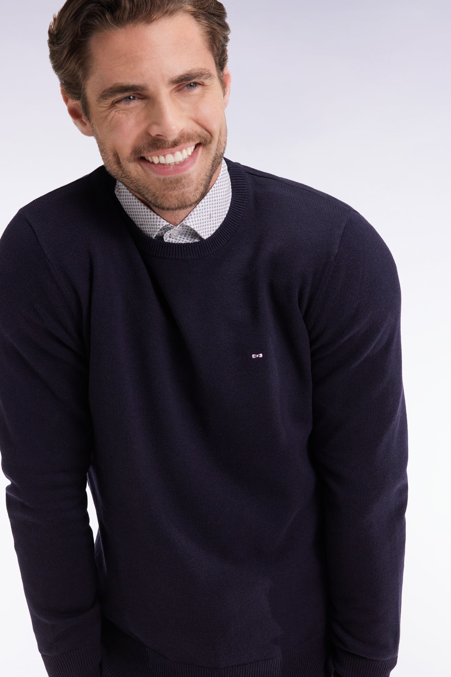 Pull col rond en laine et coton marine