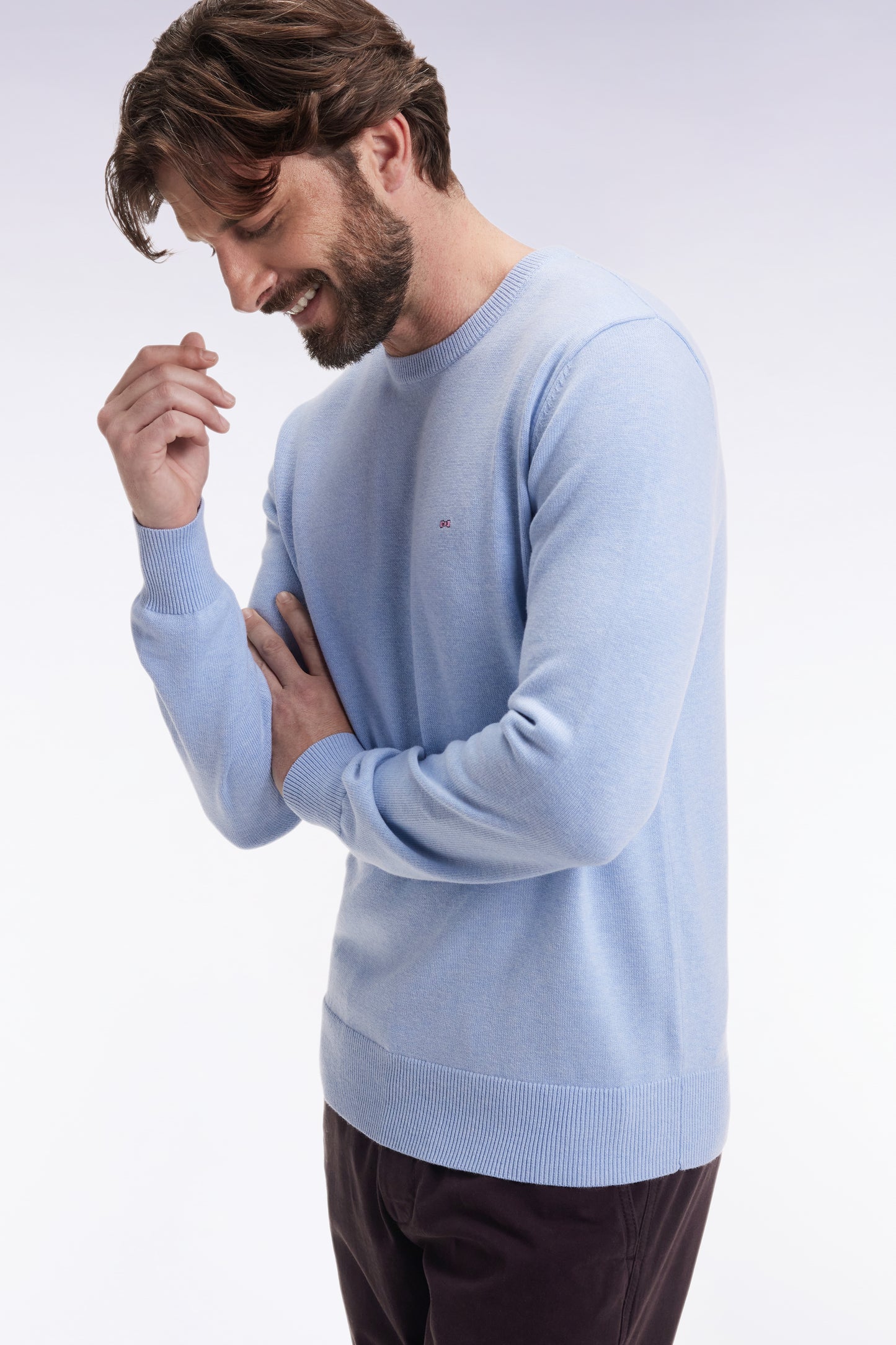 Pull col rond en laine et coton ciel