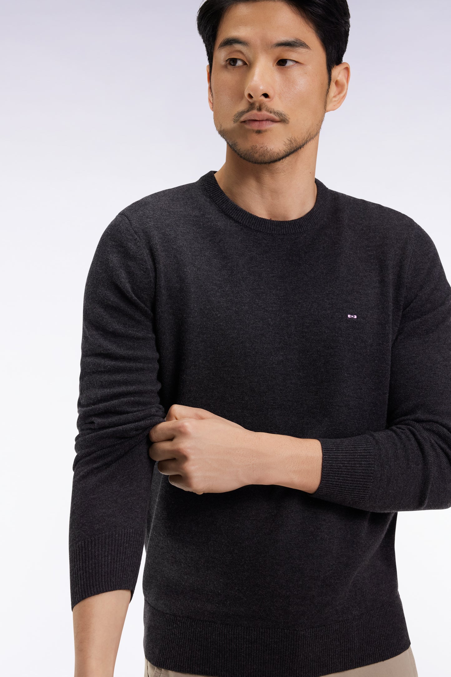 Pull col rond en laine et coton gris foncé