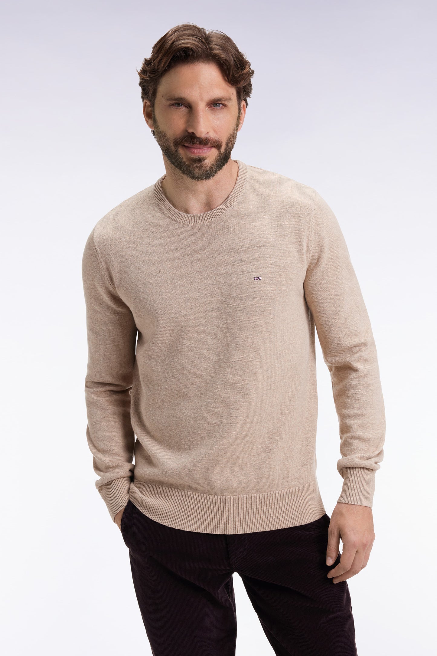 Pull col rond en laine et coton beige