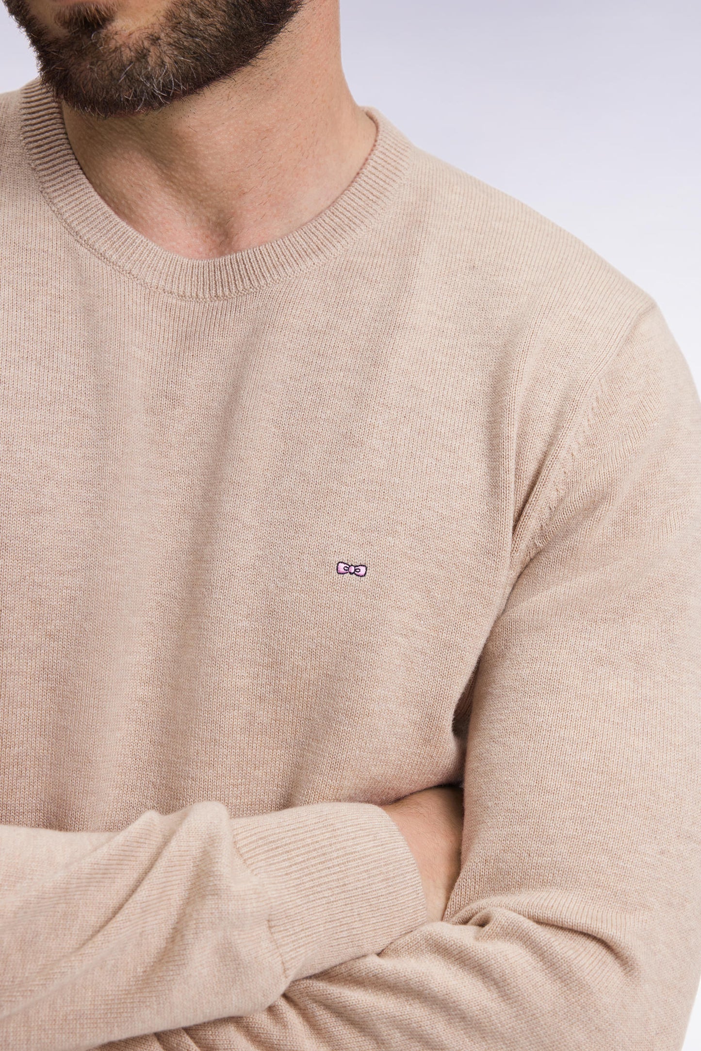 Pull col rond en laine et coton beige