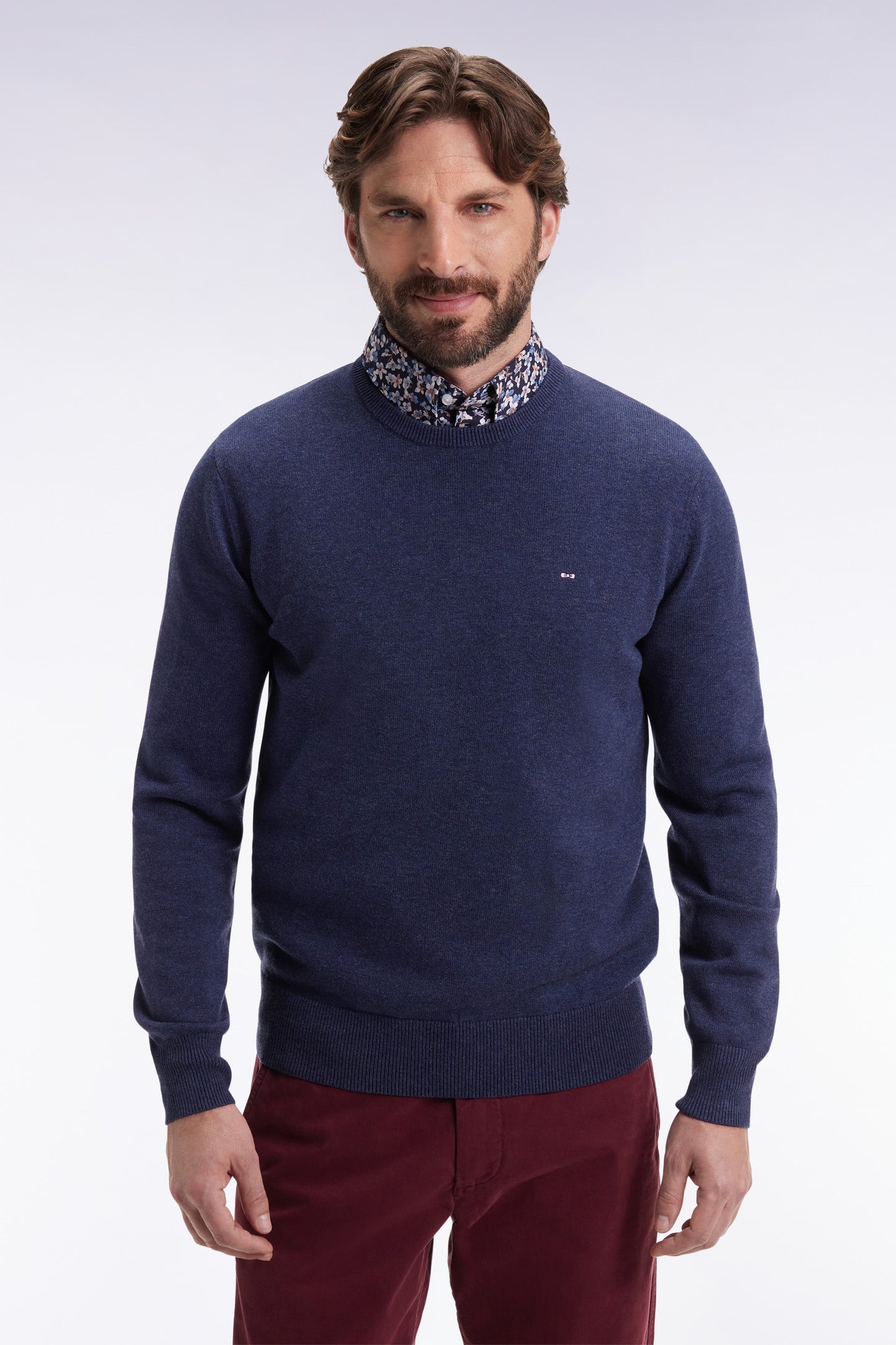 Pull col rond en laine et coton bleu foncé