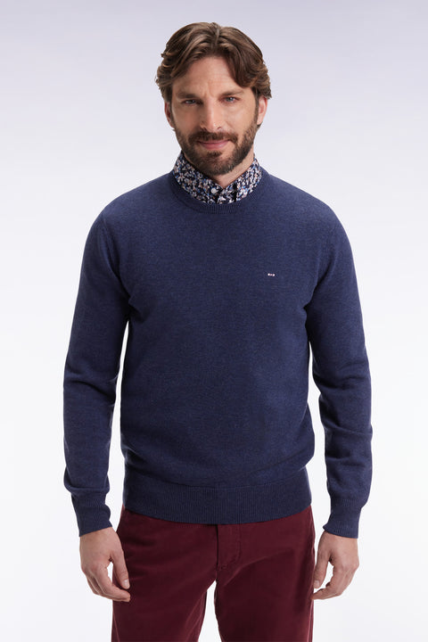 Pull col rond en laine et coton bleu foncé - Image 3