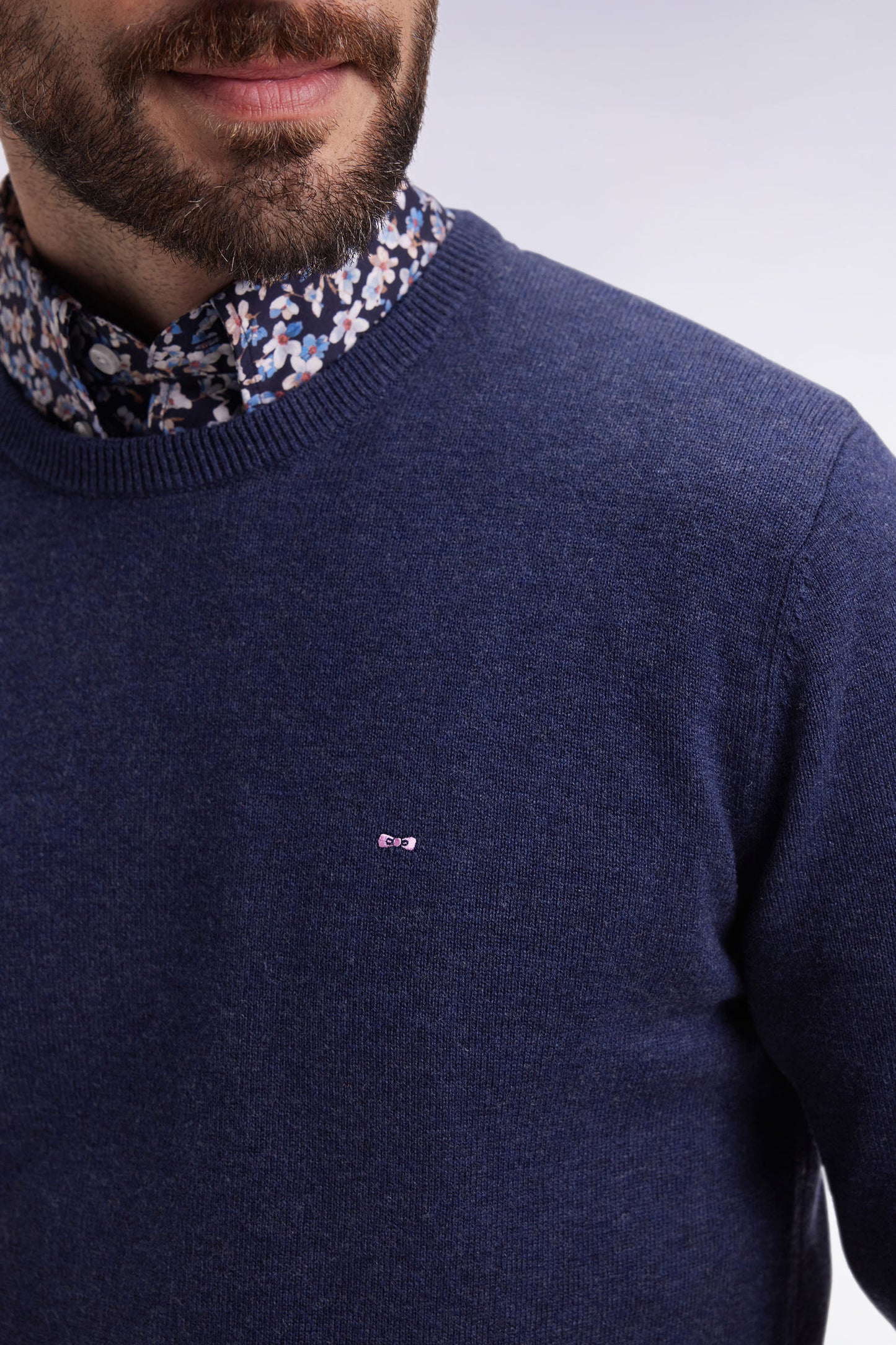 Pull col rond en laine et coton bleu foncé