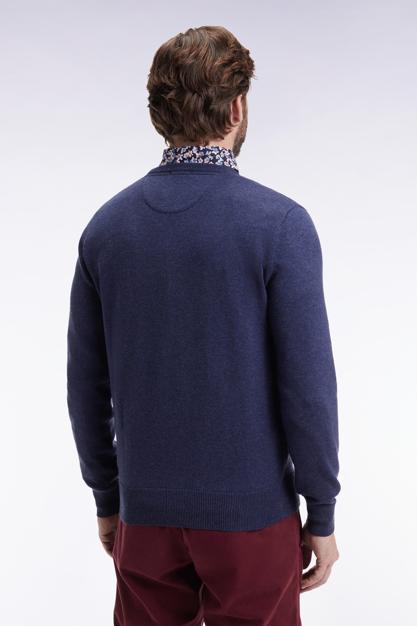 Pull col rond en laine et coton bleu foncé