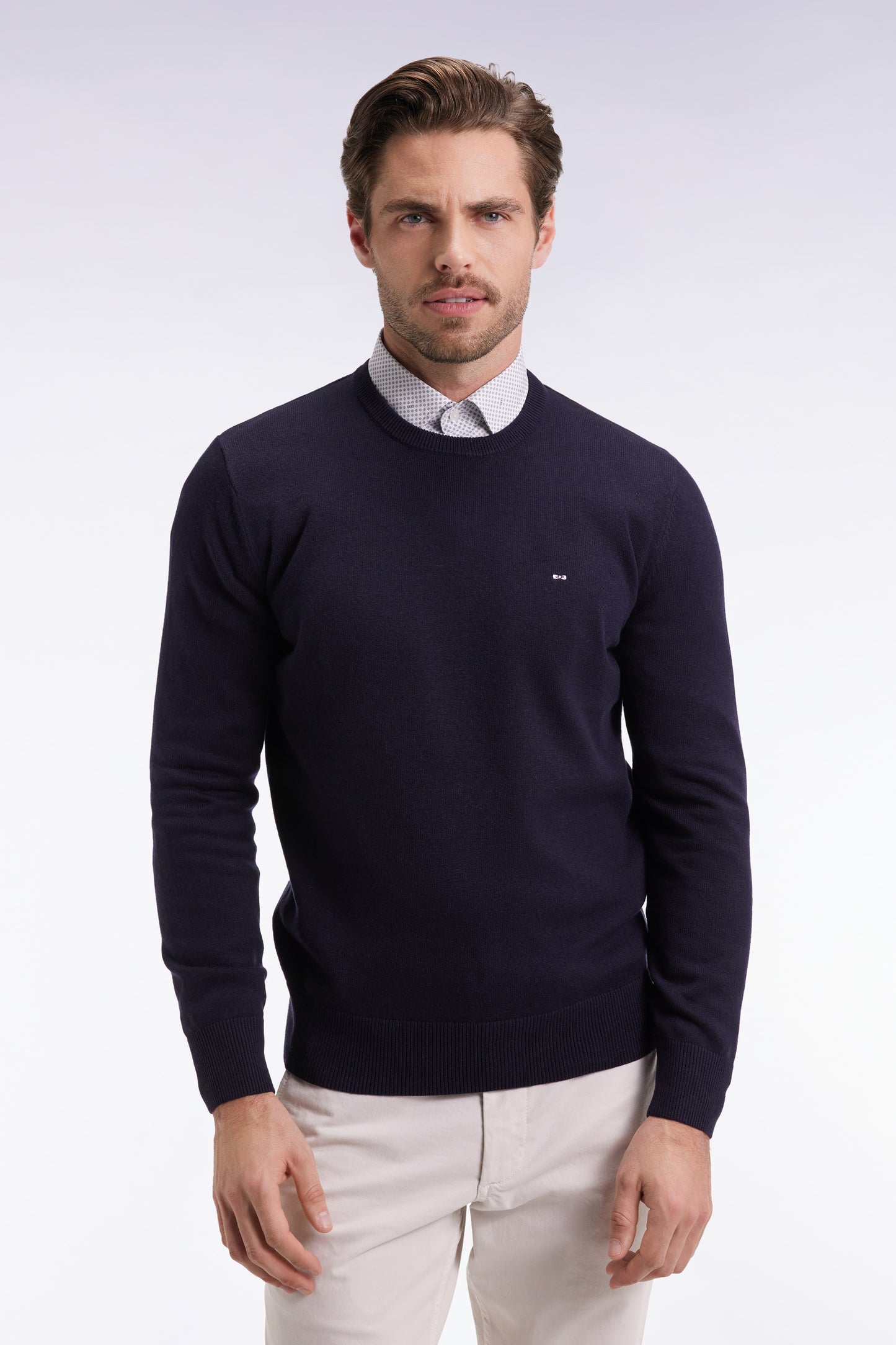 Pull col rond en laine et coton marine