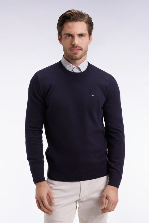 Navy wool and cotton round-neck sweater - Image 1