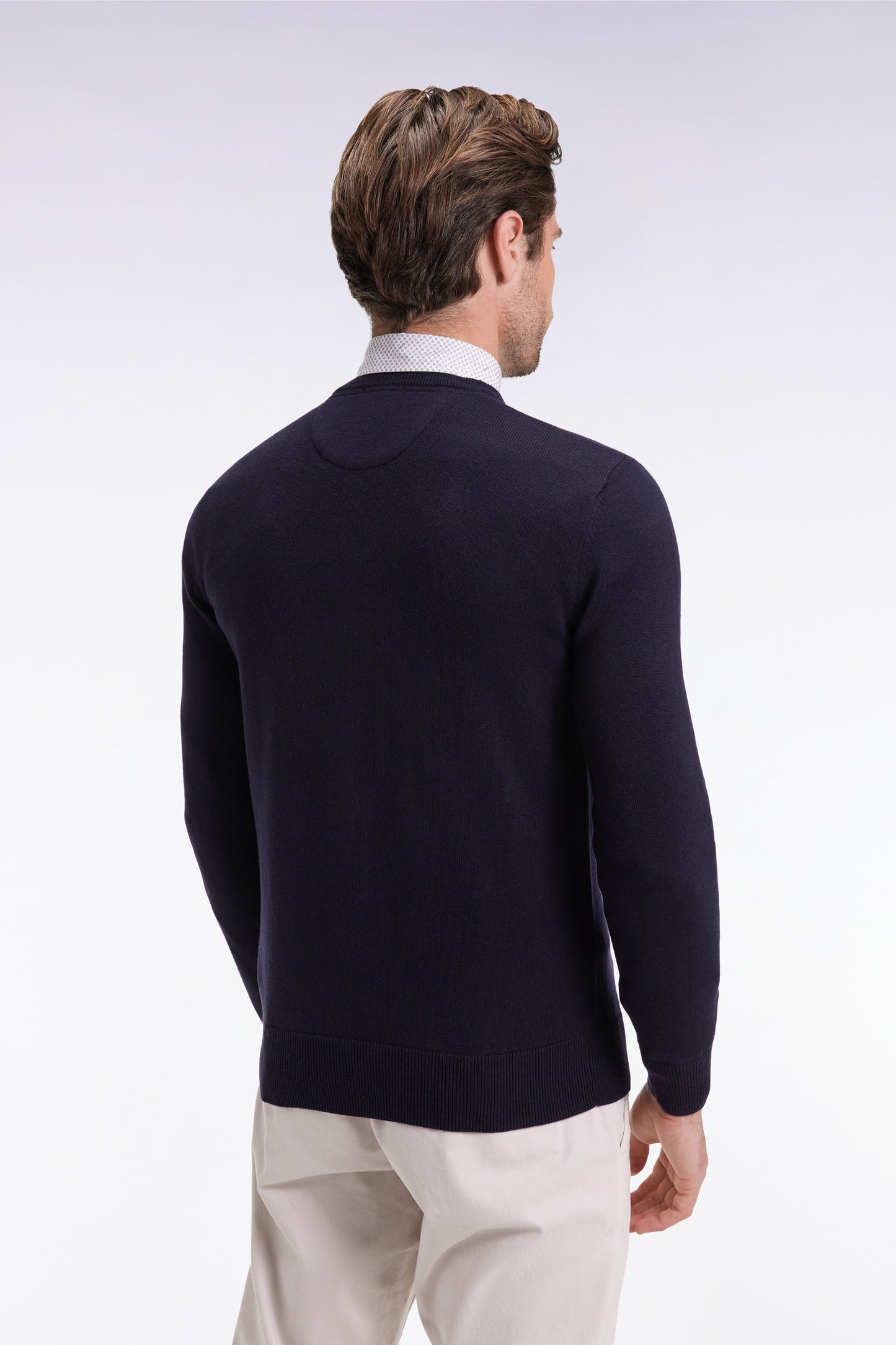Pull col rond en laine et coton marine
