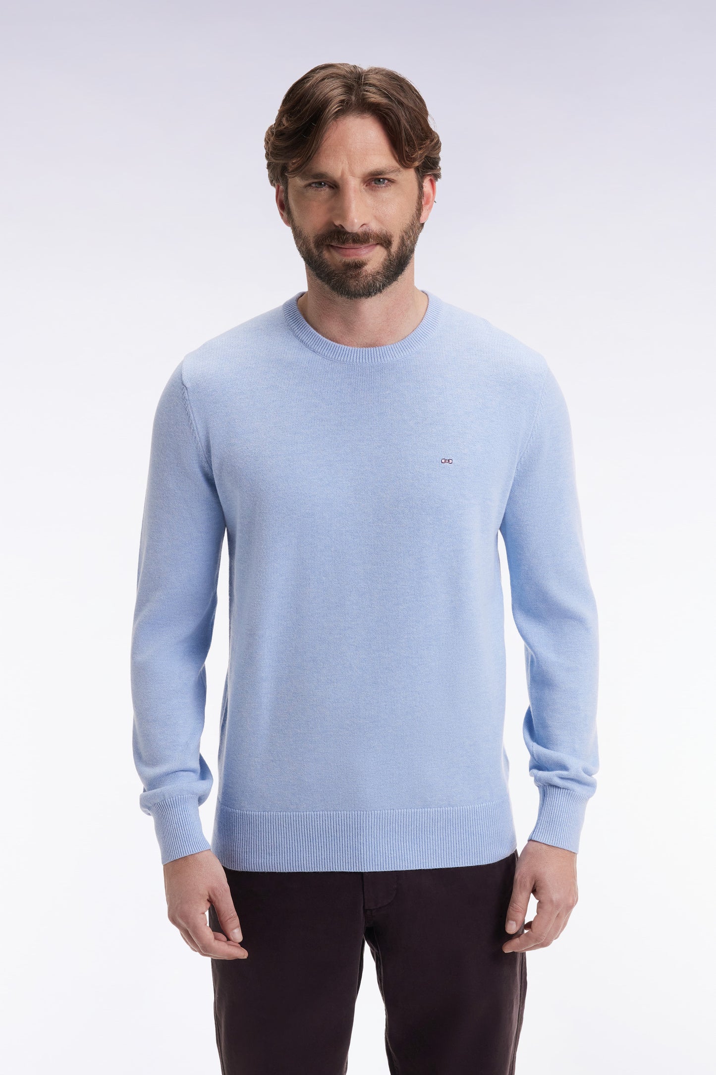 Pull col rond en laine et coton ciel