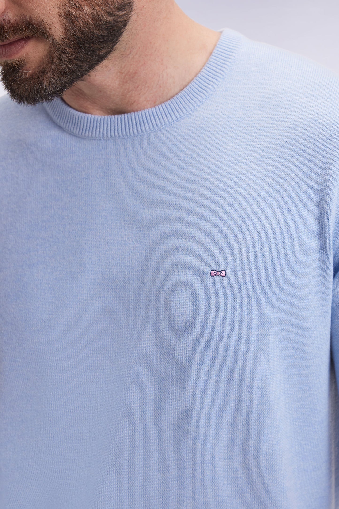 Pull col rond en laine et coton ciel