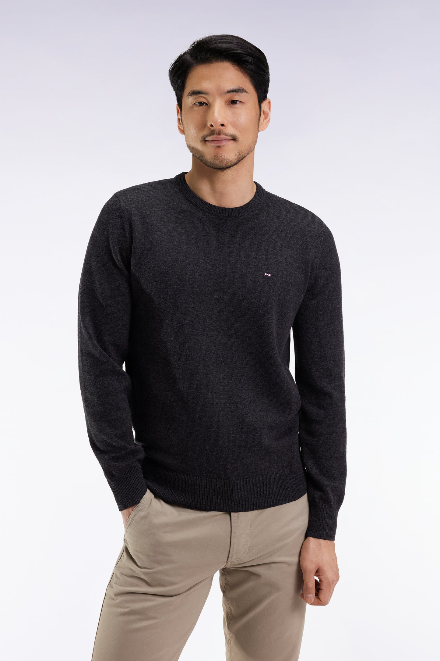 Pull col rond en laine et coton gris foncé