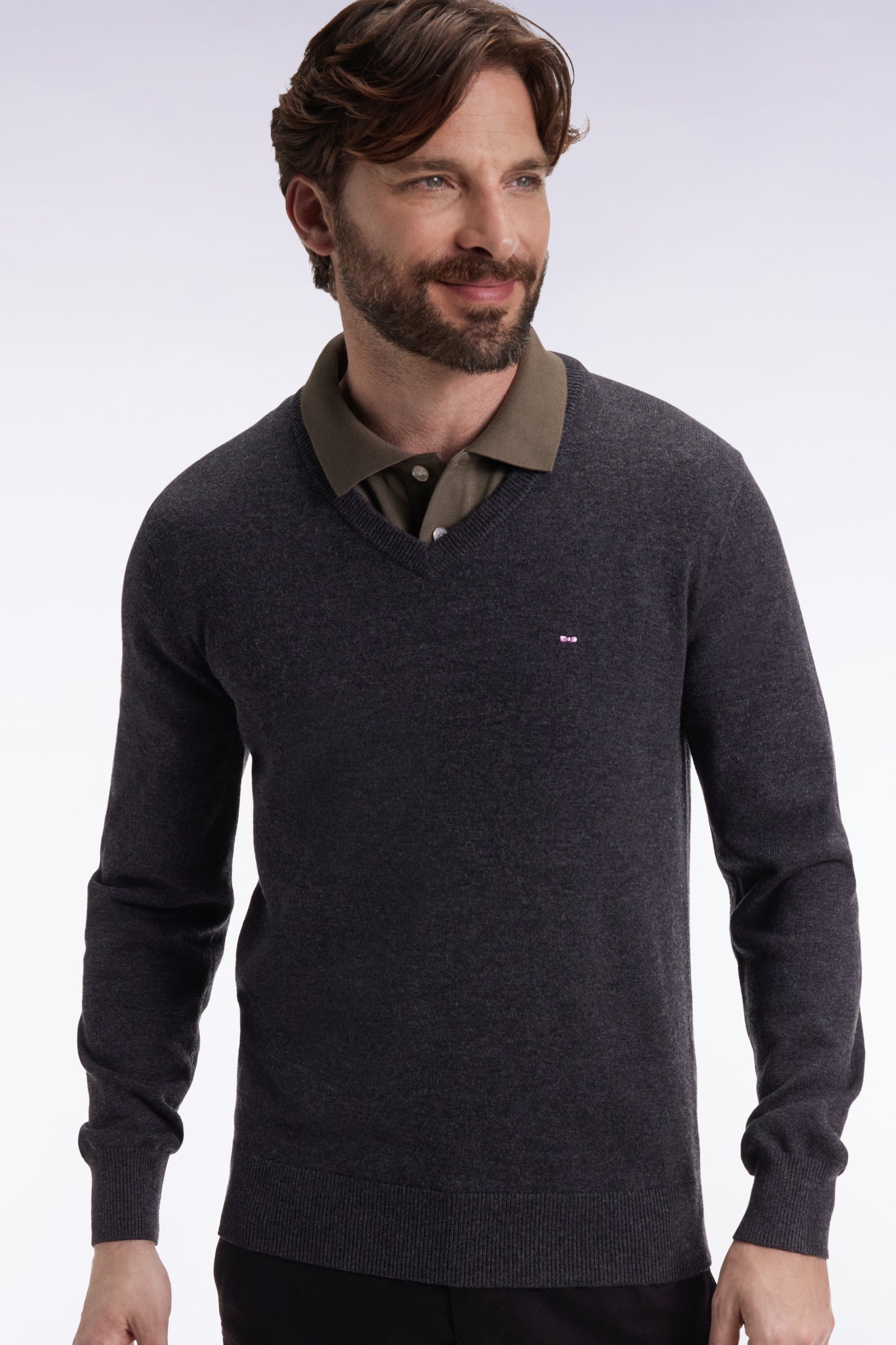 Dark blue wool and cotton V-neck sweater