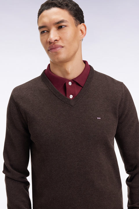 Dark brown wool and cotton V-neck sweater - Image 3