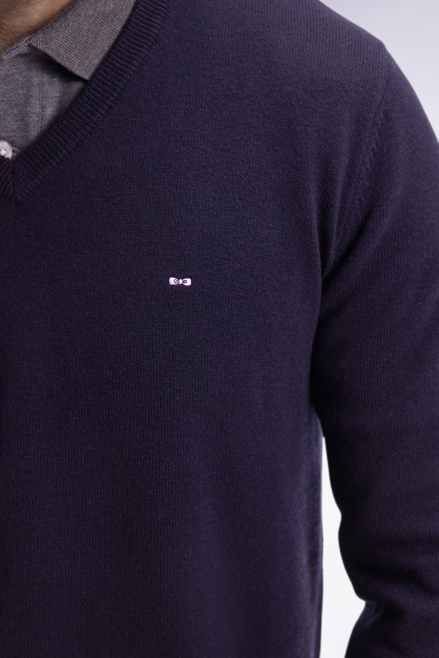 Dark blue wool and cotton V-neck sweater