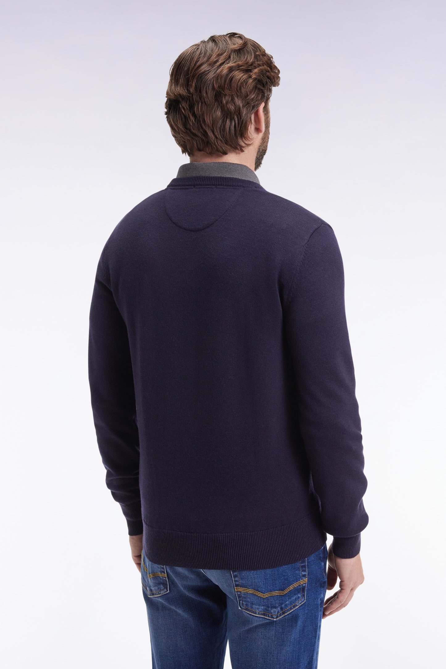 Dark blue wool and cotton V-neck sweater