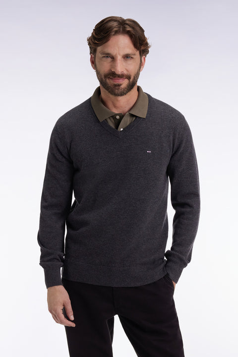 Dark grey wool and cotton V-neck sweater - Image 1